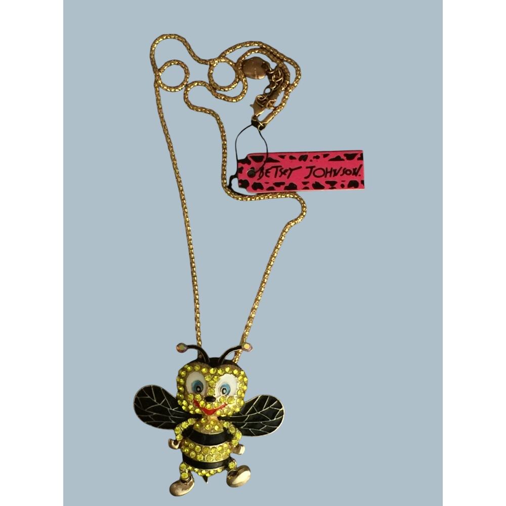 Betsey Johnson Bee Pendant Necklace Gold Tone Rhinestone Enamel Bumblebee NWT